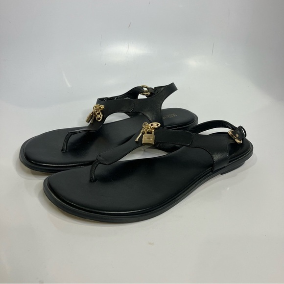 Michael Michael Kors black leather thong sandal gold lock charms size 8.5 - Picture 2 of 9